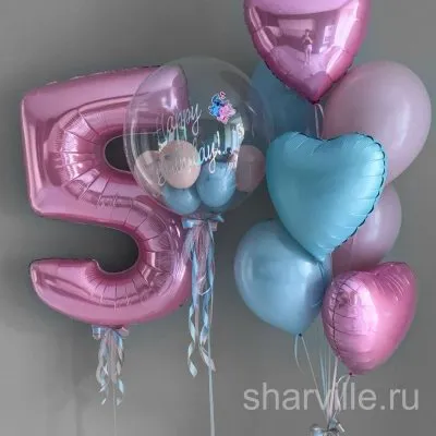Набор в розово-голубых тонах: цифра 90 см, баблс Happy Birthday и три сердца