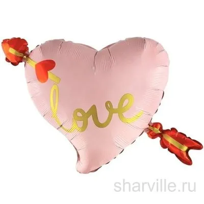 Бледно-розовое сердце 45 см со стрелой Амура и золотым словом «Love»