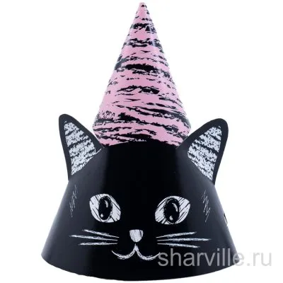 Бумажные колпаки с котёнком-усачом в розовом колпачке, 6 штук