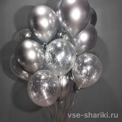 Букет из 17 шаров: серебряный хром и прозрачные с конфетти