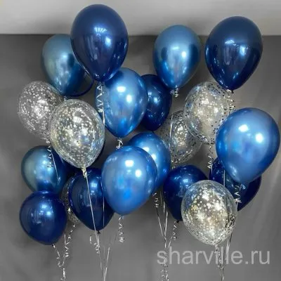 Комплект из четырёх фонтанов по 5 шаров: синий и голубой хром, конфетти