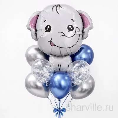 Фонтан 9 шаров с серым фольгированным слонёнком, хромом и конфетти