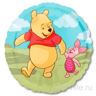 Фольгированный круг 45 см: Винни Пух и Пятачок идут по зелёной лужайке