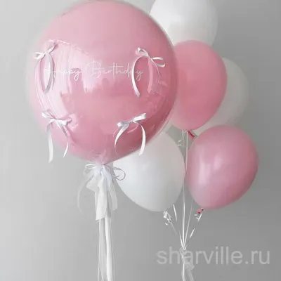 Набор из 8 шаров: прозрачный дабл стафф с надписью и 7 шаров в розовом и белом