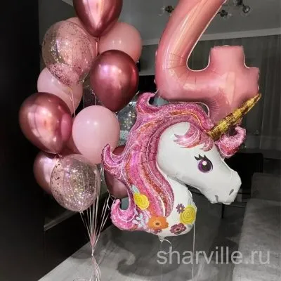 Набор для девочки: единорог 107 см с розовой гривой, цифра и связка из 15 шаров