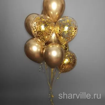Букет из 10 золотых латексных шаров: 6 шаров хром и 4 с конфетти