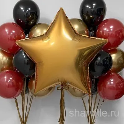 Композиция из золотой звезды и 20 шаров в бордовых и чёрных тонах
