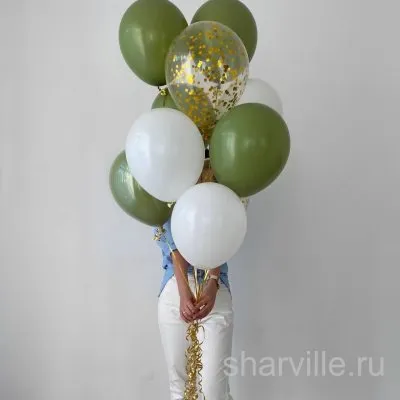 Связка из 10 шаров в белом и оливковом цветах с золотым конфетти
