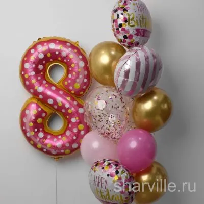 Розово-золотой фонтан из 9 шаров с цифрой 90 см и кругами-пончиками