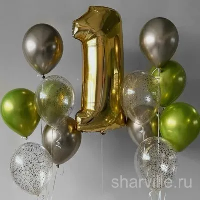 Композиция из 12 шаров с золотой цифрой, серебристо-зелёным хромом и конфетти