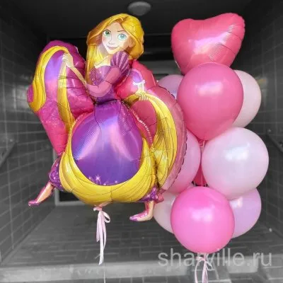 Фонтан из 11 шаров с фигурой Рапунцель из фольги в розовых тонах