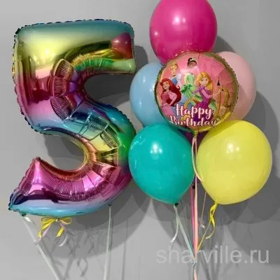 Набор из 8 шаров для девочки: цифра 90 см и круг с диснеевскими принцессами