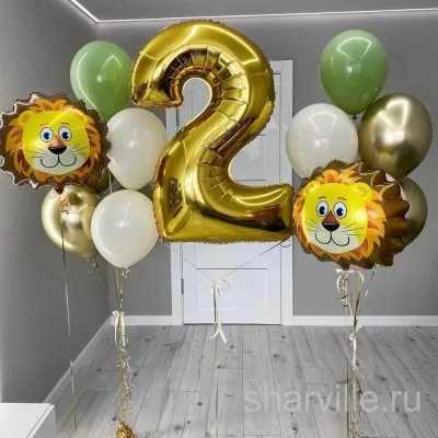 Два фонтана с головами львёнка и фольгированной цифрой для детского праздника