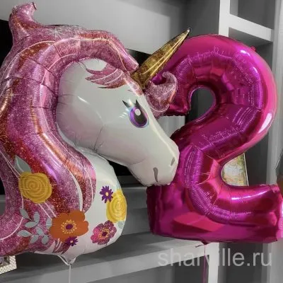 Набор девочке на 2 года: единорог и цифра 2 из фольги, розовый с фуксией