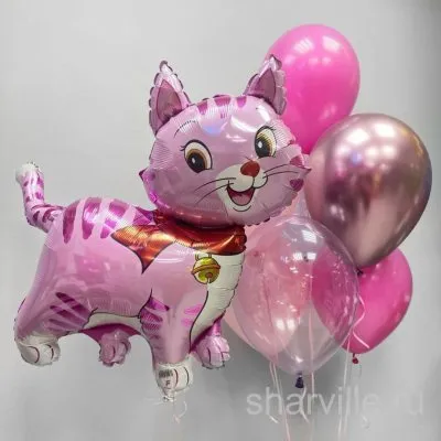 Фонтан из 6 розовых шаров с большой кошечкой из фольги 94 см