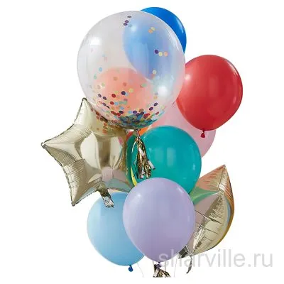 Букет из 10 шаров во главе с шаром 60 см с конфетти и кисточкой тассел