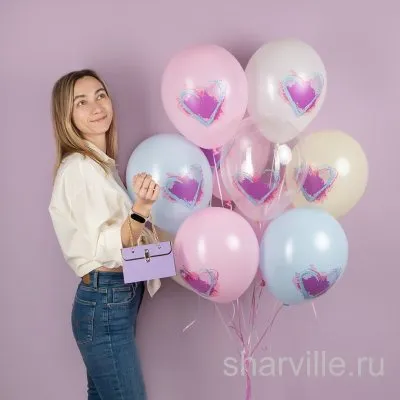 Пастельный шар 35 см с сердечками в акварельной манере, три оттенка на выбор