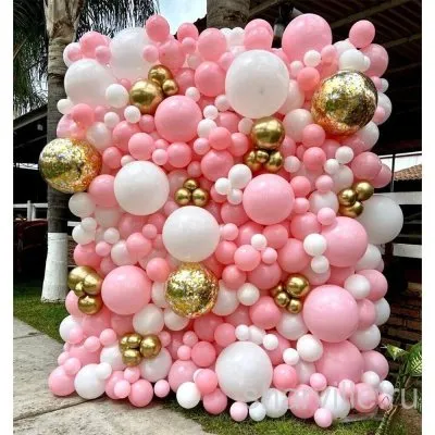 Стена-фотозона из розовых, белых и золотых шаров, 2 на 2,5 м