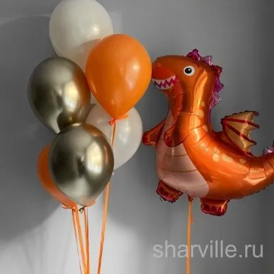 Оранжевый динозавр из фольги 91 см и фонтан из 6 шаров с золотым хромом