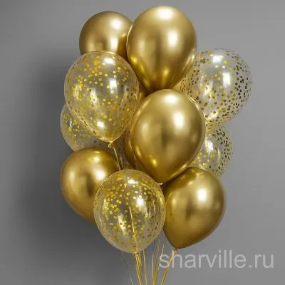 Фонтан из 11 золотых шаров: 5 хромированных и 6 прозрачных с конфетти