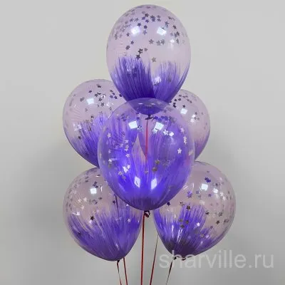 Сказочный фонтан из 6 шаров браш: фиолетовые мазки и звёздочки