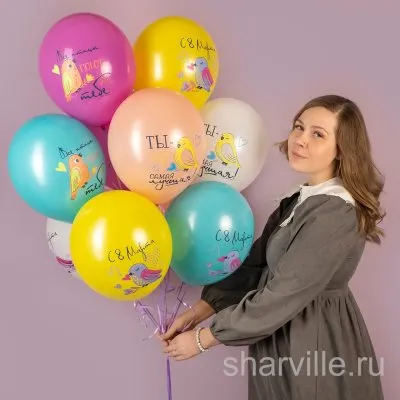 Нежный шар с птичками к 8 Марта: розовый, жёлтый или голубой, 30 см