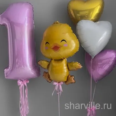 Композиция на первый годик девочки: утёнок 81 см, цифра 1 и три сердца