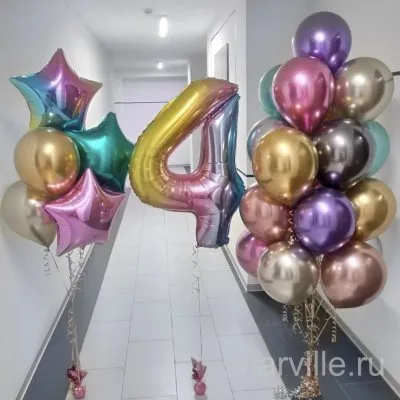Фонтан с цифрой 90 см, 17 разноцветными шарами хром и тремя звёздами