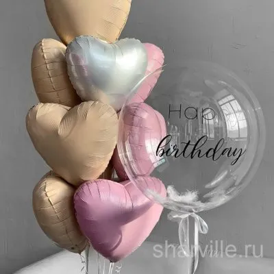 Фонтан из 9 розовых и оранжевых сердец 45 см и баблс с белыми перьями