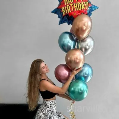 Фонтан из 9 шаров хром и фольгированного взрыва Happy Birthday 81 см