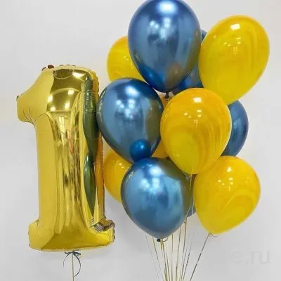 Связка к первому дню рождения: золотая цифра 1, жёлтые агаты и голубые шары хром