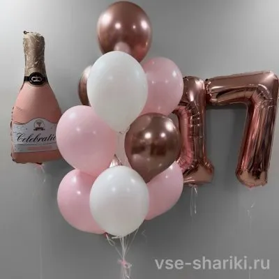 Композиция с розовой бутылкой шампанского и цифрами 90 см
