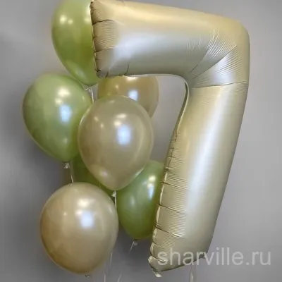 Композиция из 7 салатовых шаров и большой фольгированной цифры 90 см