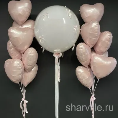 Композиция: 14 розовых фольгированных сердец и шар дабл стафф с бантиками