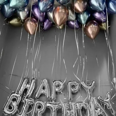 Набор: 30 ярких хромированных шаров и фольгированная надпись Happy Birthday