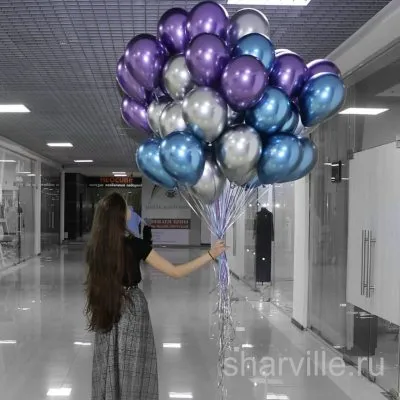 Объёмная связка 30 хромированных шаров в синем, фиолетовом и серебряном