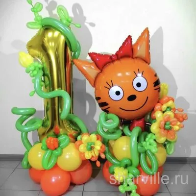 Композиция на годик дочке: Карамелька из «Трёх котов» и цифра 1 в цветах