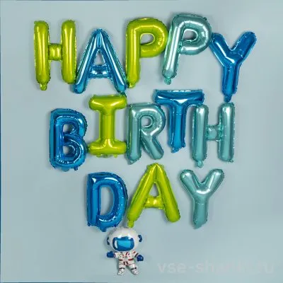 Шары-буквы «Happy Birthday» в синих и зелёных тонах