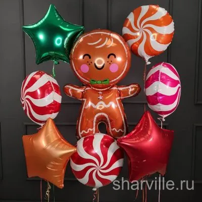 Фольгированный букет с пряничным человечком, 3 звёздами и 4 шарами-леденцами