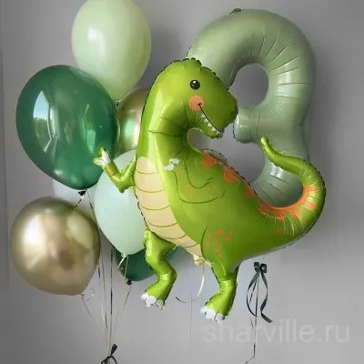 Композиция на 3 года: фольгированный динозавр, цифра 3 и зелёно-золотой фонтан