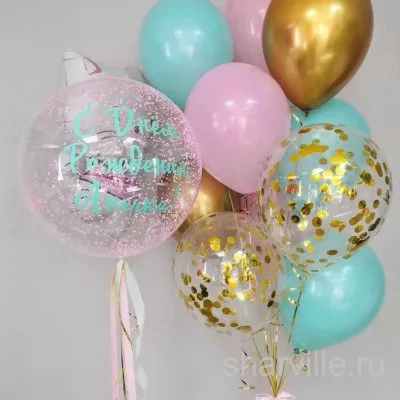 Композиция с фигурой Hello Kitty, баблсом с надписью и фонтаном из 10 шаров