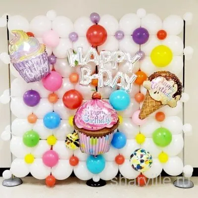 Фотозона 2,5 на 2,5 м с мороженым, капкейками и надписью «Happy Birthday»