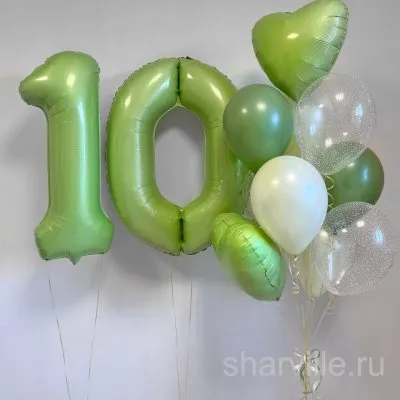 Композиция оливкового цвета: цифры 10 и фонтан из 9 шаров с сердцами