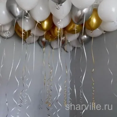 Набор из 30 шаров под потолок: белые однотонные, золотой и серебряный хром