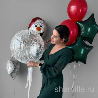 Новогодний набор: Олаф в шапке Санты, прозрачный шар 60 см с надписью и звёзды
