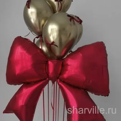 Фонтан из пяти золотых и красных шаров хром с бантиками и большим бантом