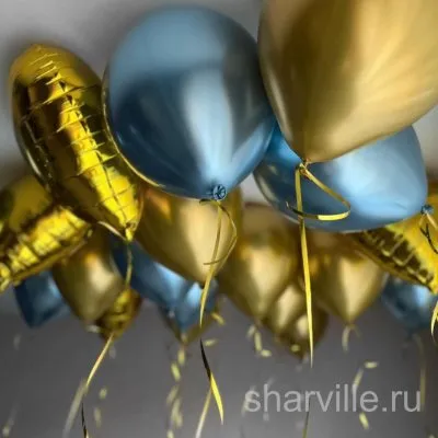 Набор из 15 хромированных шаров и 5 фольгированных сердец, синий и золотой