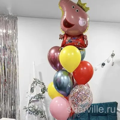 Фонтан из шаров с Пеппой в короне: 10 латексных шаров, хром и конфетти