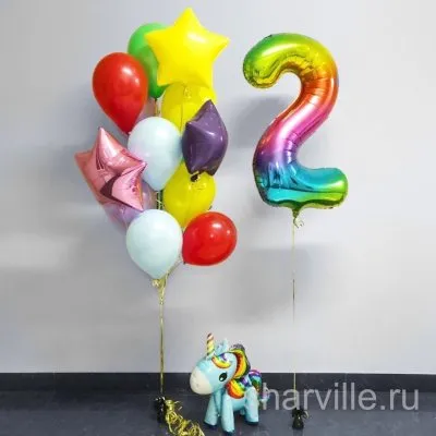 Композиция Голубой ходячий единорог, цифра и разноцветные шары с гелием