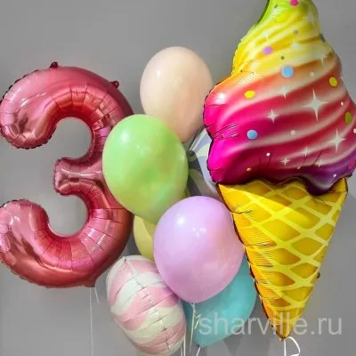 Сладкий набор: цифра 90 см, рожок с мороженым и фонтан из 7 шаров с леденцами